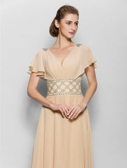 A-Line Mother of the Bride Dress Beautiful Back V Neck Floor Length Chiffon Short Sleeve No with Criss Cross Beading