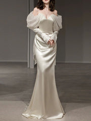V Back Spliced Satin Long Sleeve Slash Neck Bodycon Prom Dress Birthday Outfits P445