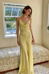 Sheath Spaghetti Straps Yellow Long Party Dresses