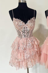 Light Blue Sequin Lace Corset Bodice Tiered Homecoming Dress