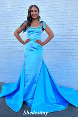 Rhinestone Straps Mermaid Light Pink Prom Dress with Train