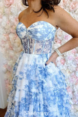 Dreamy Floral Print Blue A-Line Tiered Ruffles Prom Dress