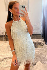 Silver Sequin Halter Short Homecoming Dress with Fringes