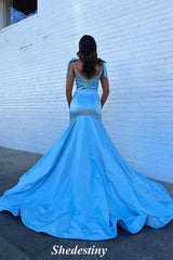 Rhinestone Straps Mermaid Light Pink Prom Dress with Train