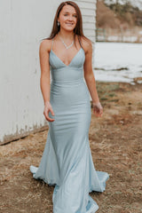 Spaghetti Straps V-Neck Lace-Up Trumpet Long Formal Prom Dress