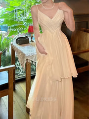 A Line Spaghetti Straps Ivory Chiffon Long formal dresses Bridesmaid Dresses evening gown Prom Dress