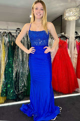 Royal Blue Beaded Applique Cross-Back Mermaid Long Formal Dress