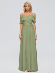 Thin shoulder strap ruffled chiffon and floor length bridesmaid dress