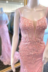 Pink Floral Lace Split Neck Mermaid Long Prom Dress with Slit