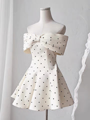 Cute A line Off The Shoulder Black Polka Dots Short Satin Formal Homecoming Dresses Party Graduation Dress Hoco Dresses DH2772