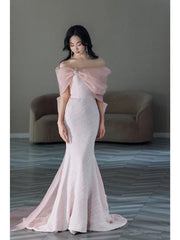 Pretty Mermaid Strapless Pink Sequin Long Evening Dress Prom Dresses With Bow HZ1024