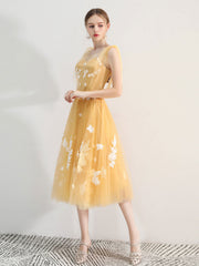 A-Line Yellow Tulle lace Short Prom Dress, Yellow Homecoming Dress