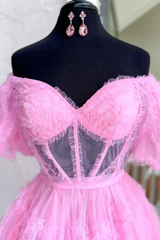 Pink Off-the-Shoulder Ruffles Puff Sleeves Homecoming Dress,Party Dress SH603
