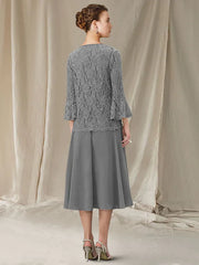 Two Piece A-Line Mother of the Bride Dress Elegant Jewel Neck Tea Length Chiffon Lace Sleeveless with Sequin