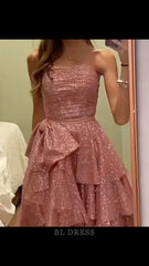 A-line Strapless Fancy High Low Pink Sequin Long formal dresses Bridesmaid Dresses evening gown Prom Dress