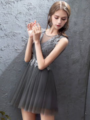 Cute gray tulle lace short prom dress, homecoming dress