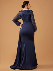 Lantern sleeve wrapped body splicing and ground length godons evening dresses