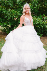 A-line V Neck Cute White Tulle Long Ball Gown formal dress evening gowns Prom Dresses Wedding Dresses with Appliques