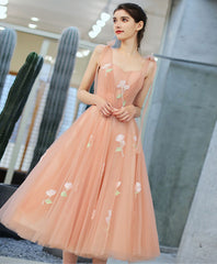 Pink tulle lace applique short prom dress, pink homecoming dress