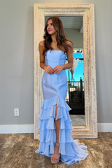 Jimiss off shoulder blue layered slit mermaid long dress