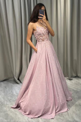 Satin Prom Dresses Long Spaghetti Straps Lace Applique Evening Party Gowns