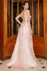 Pink A-line thin shoulder strap long decal slit evening dress