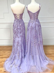 Purple Lace Long Prom Dress, Purple Lace Evening Dresses