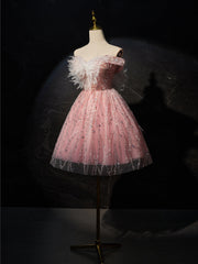 Pink A-Line Tulle Lace Short Prom Dress, Pink Cocktail Dress