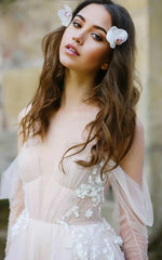A-line Off-the-Shoulder Flower Appliqued Illusion Tulle Sweep Train Wedding Dresses