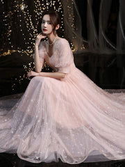 Pink tulle lace long prom dress, pink tulle evening dress