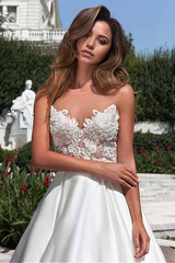 A-line Satin Neckline Wedding Dress With Pockets Lace Appliques