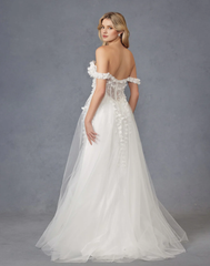 3D floral decal long off shoulder tight corset wedding dress