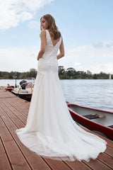 Mermaid Bodice Lace Tulle Wedding Dresses With Court Train