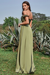 Military Green A Line Open Shoulder Wedding Dress for Guests