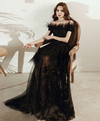 Black tulle lace long prom dress black tulle lace evening dress