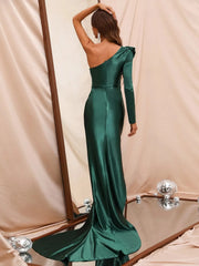 One shoulder ruffled satin and floor length formal dress