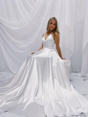 A-line Simple V Neck White Satin Long Prom Dresses Backles Long Formal Evening Dresses Wedding Dresses