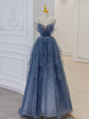 Gray blue tulle sequin long prom dress, gray blue tulle formal dress