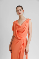 Asymmetric sleeve drape and floor length gown evening dresses