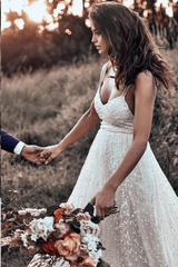 A-line Lace Simple Rustic Backless Straps Long Train Wedding Dress