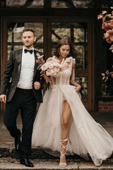 A-Line Sleeveless Sweep Train Ivory Wedding Dress With Sequins