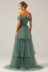 Grey green A-line off shoulder pleated layered long bridesmaid dress