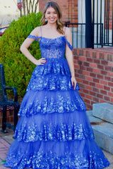 Tulle Sequin Cold-Shoulder Ruffle Tiered Long Prom Dress