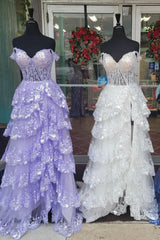 Fairytale Sequin-Embroidery Off-the-Shoulder Tiered Long Prom Dress with Slit