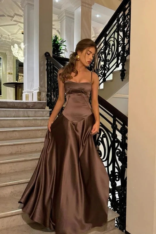 A Line Spaghetti Straps Brown Party Dresses