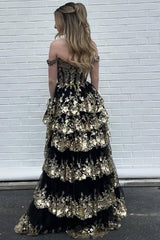 Fairytale Sequin-Embroidery Off-the-Shoulder Tiered Long Prom Dress with Slit