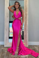V-Neck Mermaid Fuchsia Side Cutout Prom Dress with Slit