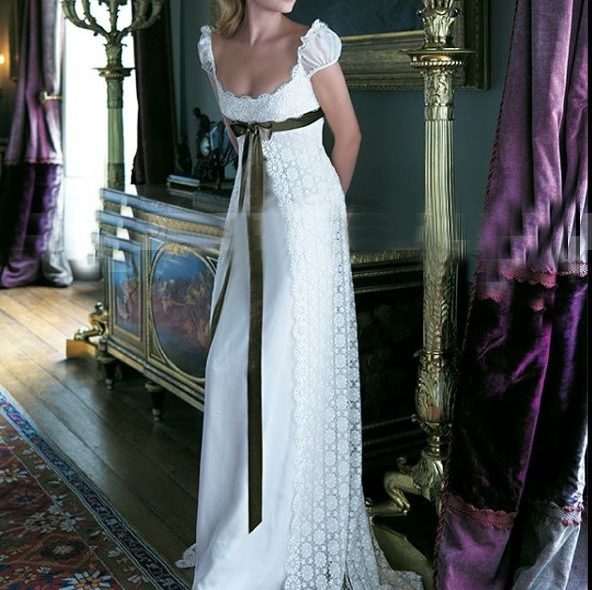 Retro White A-Line Lace Satin Long Formal Party Dress Wedding Dress Bridal Dress, HZ0319