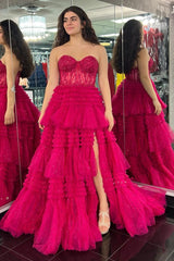 Strapless Tulle Sweetheart Tiered A-Line Long Prom Dress with Ruffles