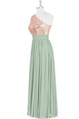 Roségouden pailletten one-shoulder lange bruidsmeisje jurk